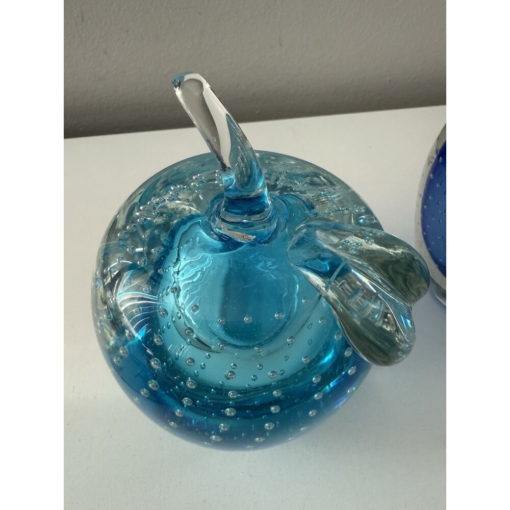 Vintage Murano Style Blue Glass Apple Paperweights Lot of 2 Heavy 6.5” - Picture 4 of 8